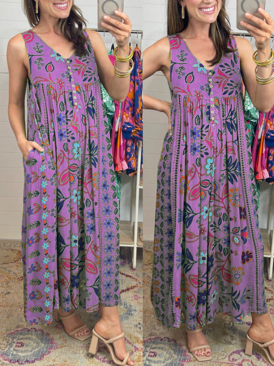 Summer Women Clothing Vintage Printed Loose Sleeveless Jumpsuit