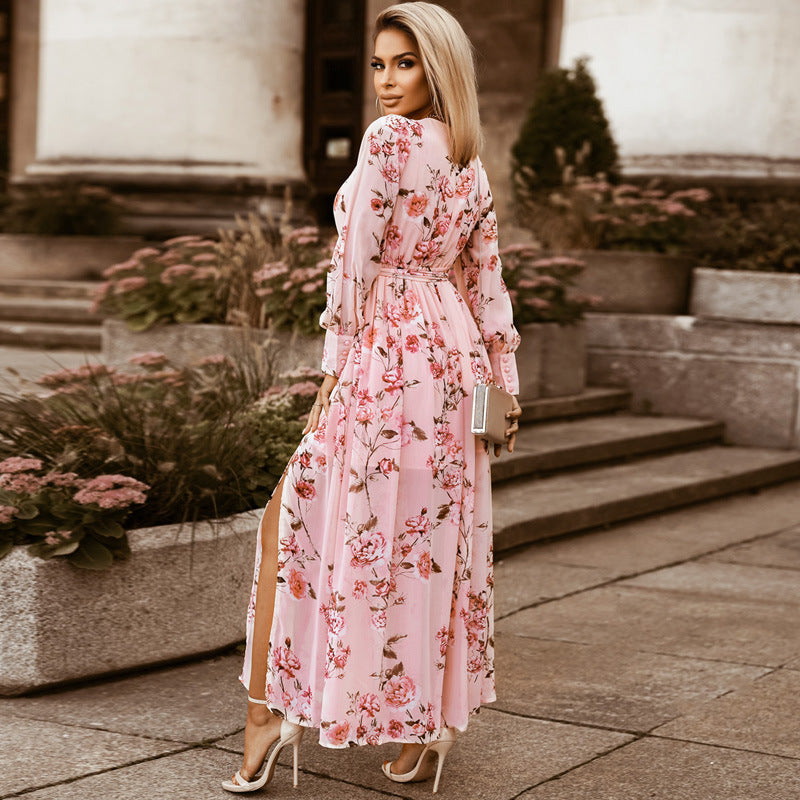 Long Sleeved Floral Printed Dress Spring Summer Waist Trimming Slimming Bohemian Dress