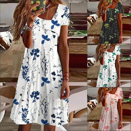 Diagonal Collar Floral Short Sleeve Slim Fit Slimming Dress