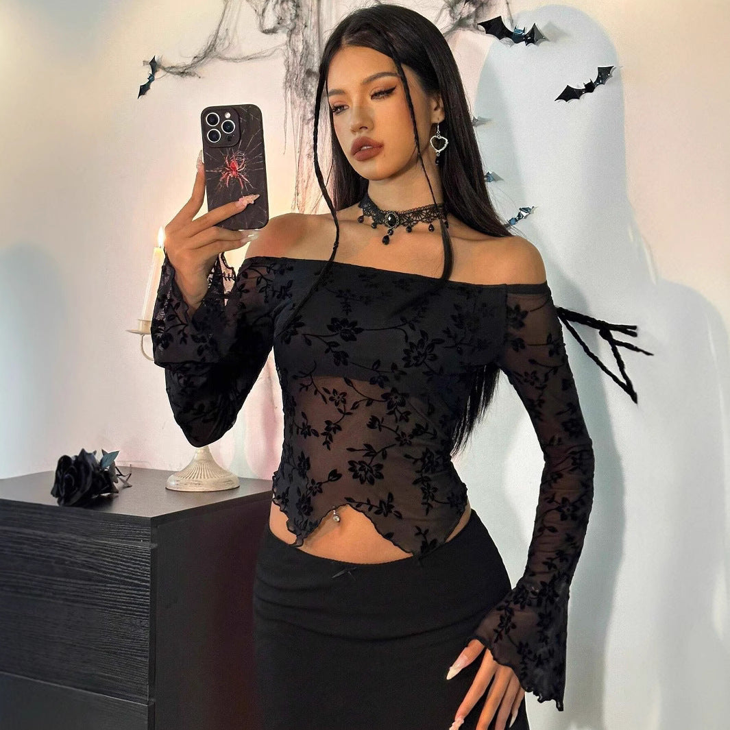 Autumn Winter Elegant Women Black Floral Mesh Off The Shoulder Flared Sleeves T Shirt Top Women