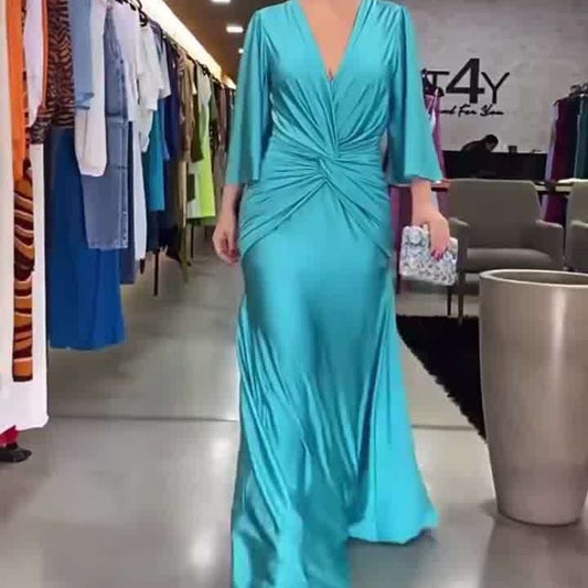 Robe ample plissée à col en v, mode européenne et américaine, couleur unie