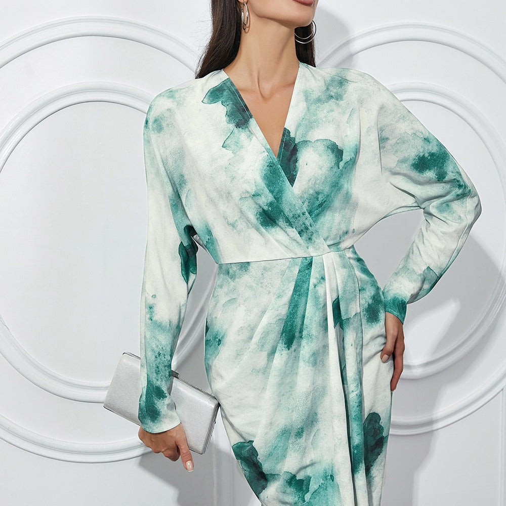 Robe Simple et Sexy à manches longues, motif Floral, col en V, fente latérale, robe asymétrique irrégulière