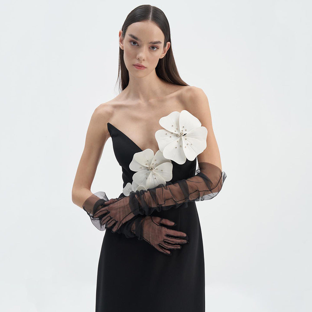 Robe bustier tubulaire noire à fleurs, noyau de diamant fendue, épaules dénudées, vêtements pour femmes, printemps été