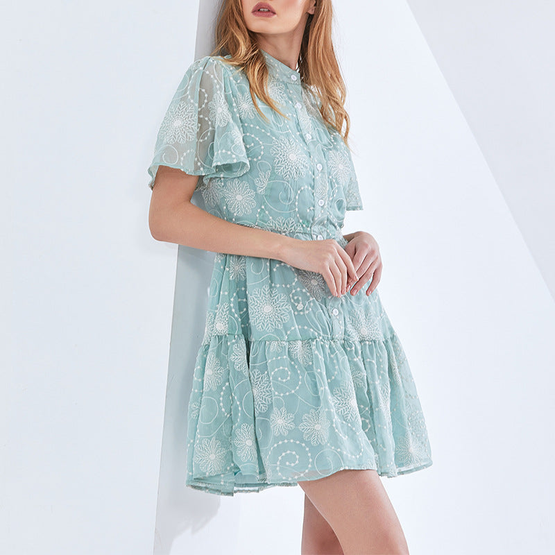 Early Spring Elegant Stand Collar Short Sleeve Printed Short Dress Plus Size Tiered Dress