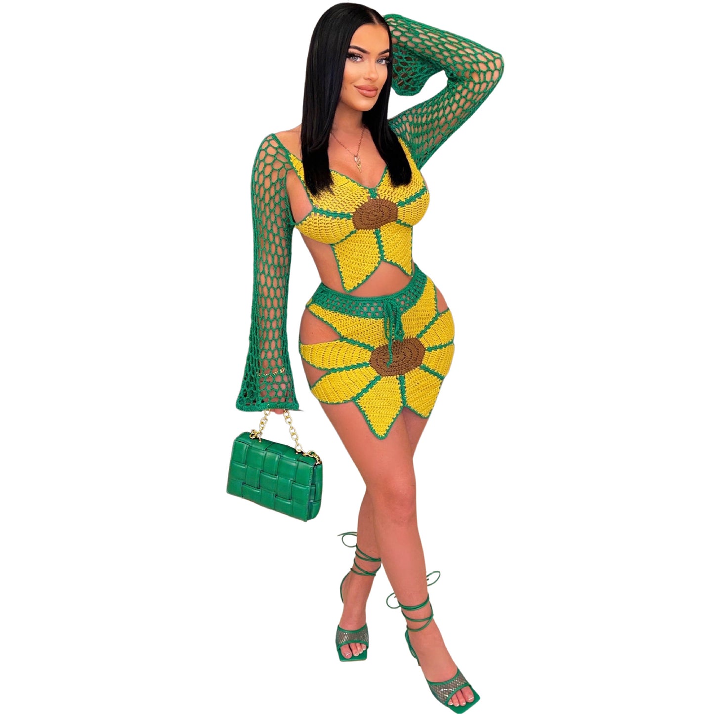 Ladies Beach Suit Sexy Hand Crocheted Sunflower Suit Crisscross