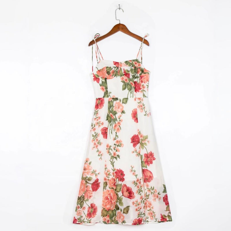 Vestido veraniego para mujer, ropa con tirantes, vestido acampanado con cordones, vestido con estampado Floral, vestido de longitud media