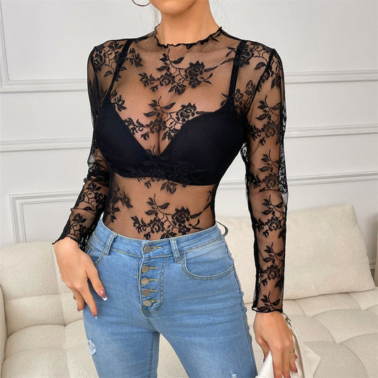 Lace Top Sexy Hollow Out Cutout Shirt Women Clothing Sexy See Through Long Sleeves Inner Wear Bottoming Shirt