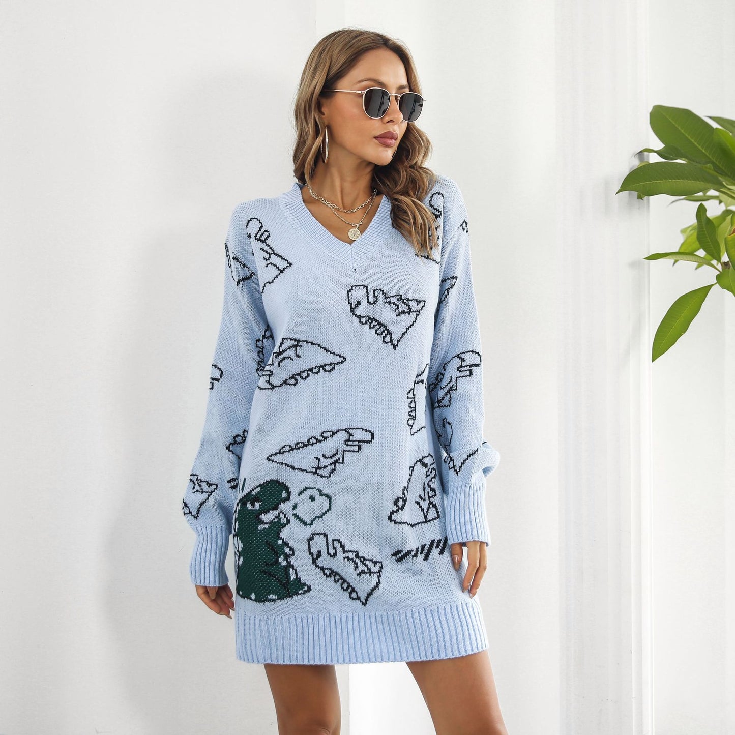 Cute Dinosaur Cartoon Jacquard V neck Long Sleeve Sweater Dress Women Loose Knitted Dress Autumn Winter Women Clothing