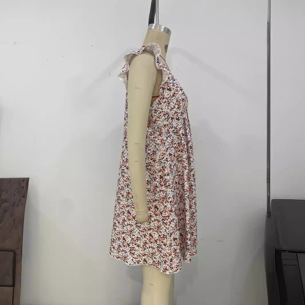 Vestido cómodo con hombros descubiertos y flores de verano con tirantes pequeños occidentales