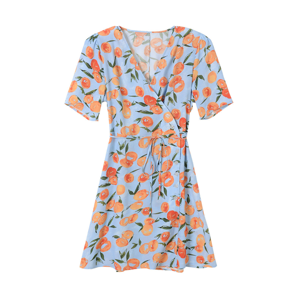 Robe nouée à fleurs française, imprimé Orange, col en v, manches courtes, Slim