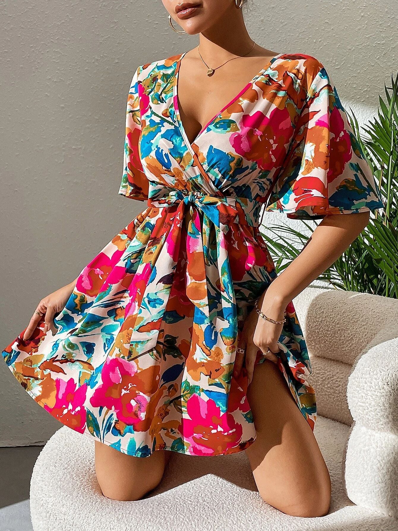 Summer Elegant Lady Floral Print Cross Collar Belt Dress