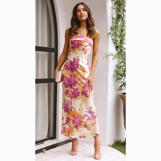 Robe mi-longue sexy à imprimé floral, enveloppée sur la poitrine, printemps été