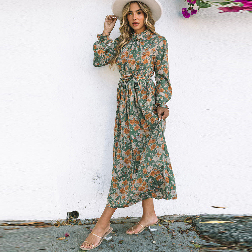 Green Pleated Long Sleeved Floral Dress with Tie Waist Trimming Dress