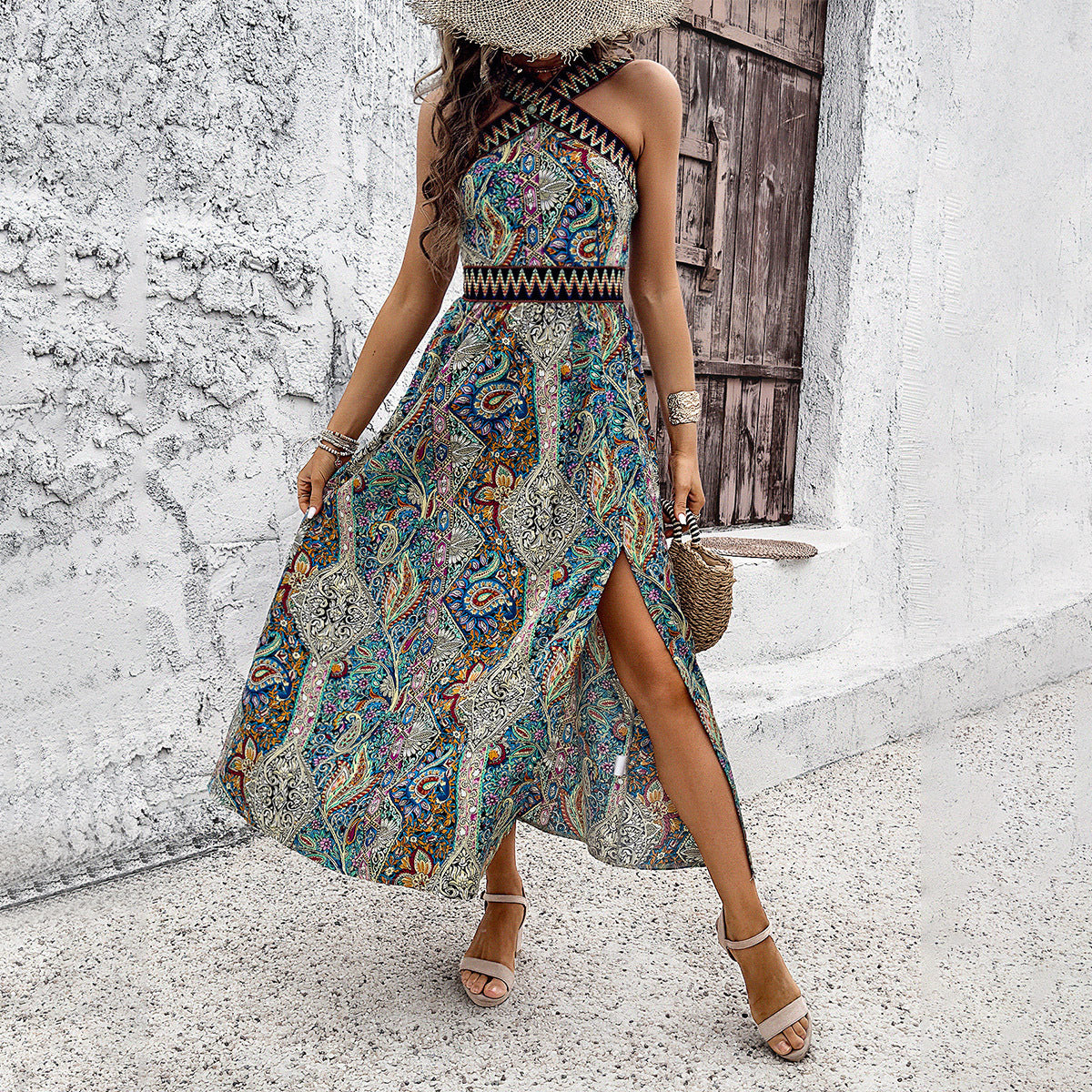 Vestido dividido con estampado floral y vacaciones informal a la moda para mujer