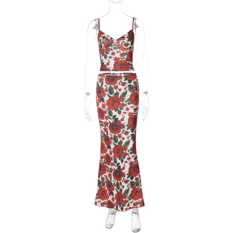 Ensemble jupe moulante à imprimé floral d'automne pour femme avec col en V et petite écharpe