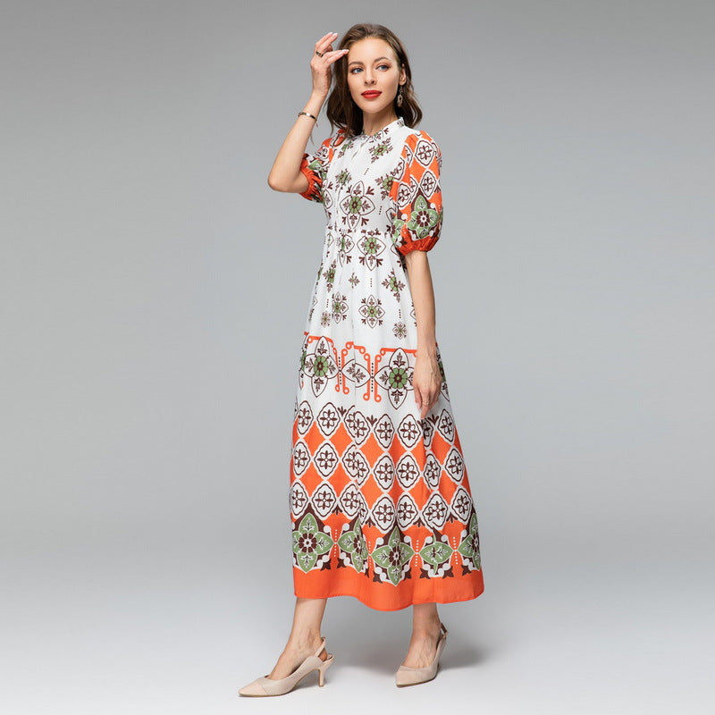 Loose Waist Cotton And Linen Printed Short-sleeved Dress