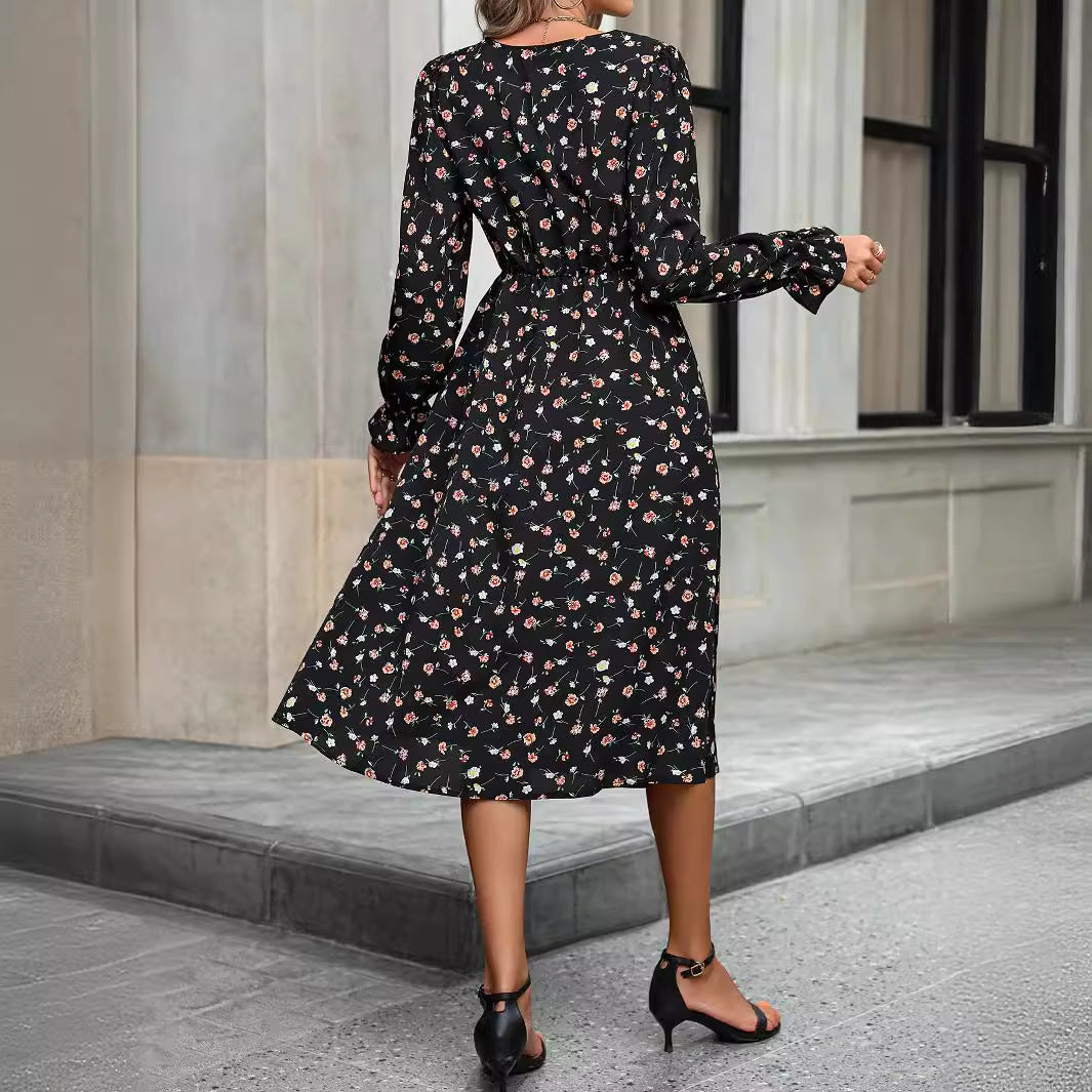 Robe à taille pivotante élégante à imprimé floral pour femme, vêtement pour femme, printemps-automne