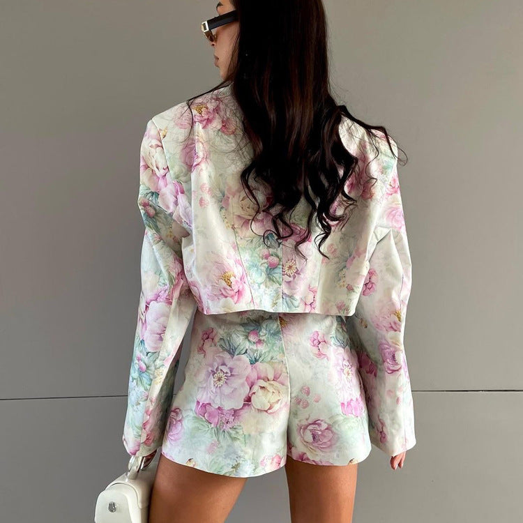 Loose Suit Skirt Two Piece Set Long Sleeve Collared Top Printed High Waist Skirt Sets