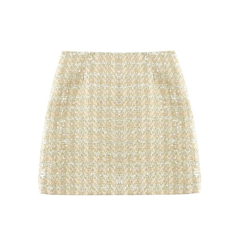 Falda Otoño Invierno Mujer Falda Corta Clásica Falda Brillante Vestido De Lentejuelas De Lana Falda De Tweed De Un Solo Paso A La Cadera