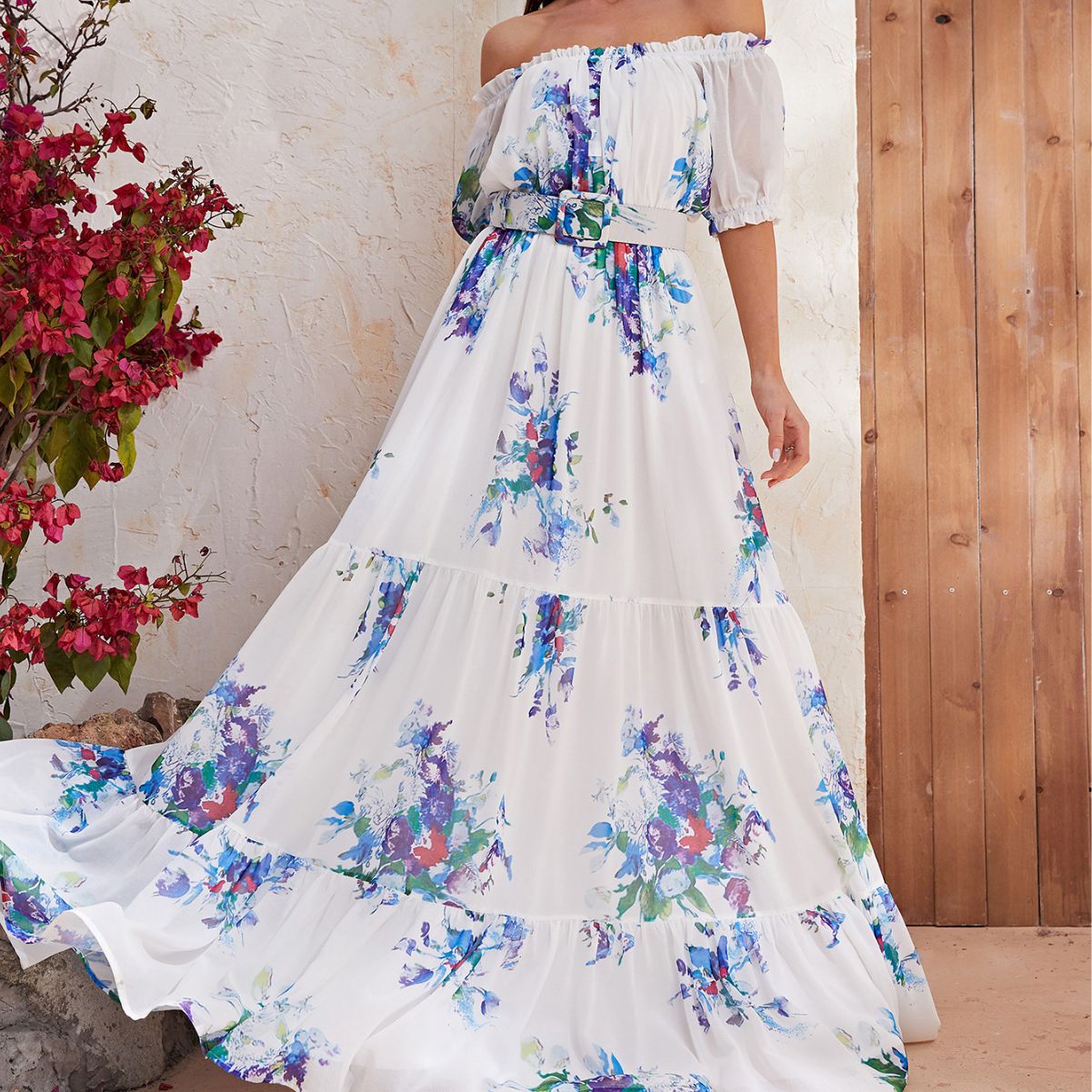 Chiffon Maxi Dress Floral Short Sleeve Long Holiday Dress Casual Waist Tight Large Swing Maxi Dress