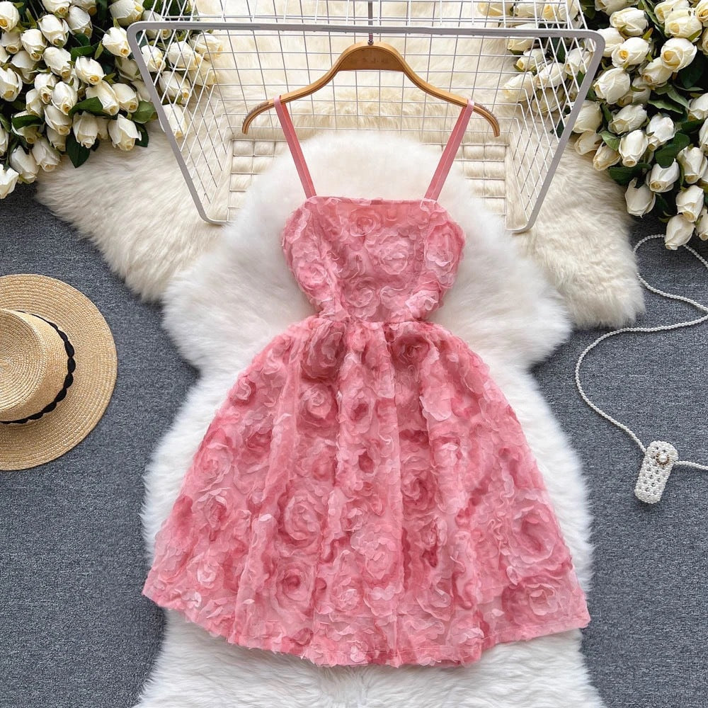 Vestido con cordones y tirantes para el primer amor, dulce elegancia, bordado de rosas tridimensionales de verano para mujer