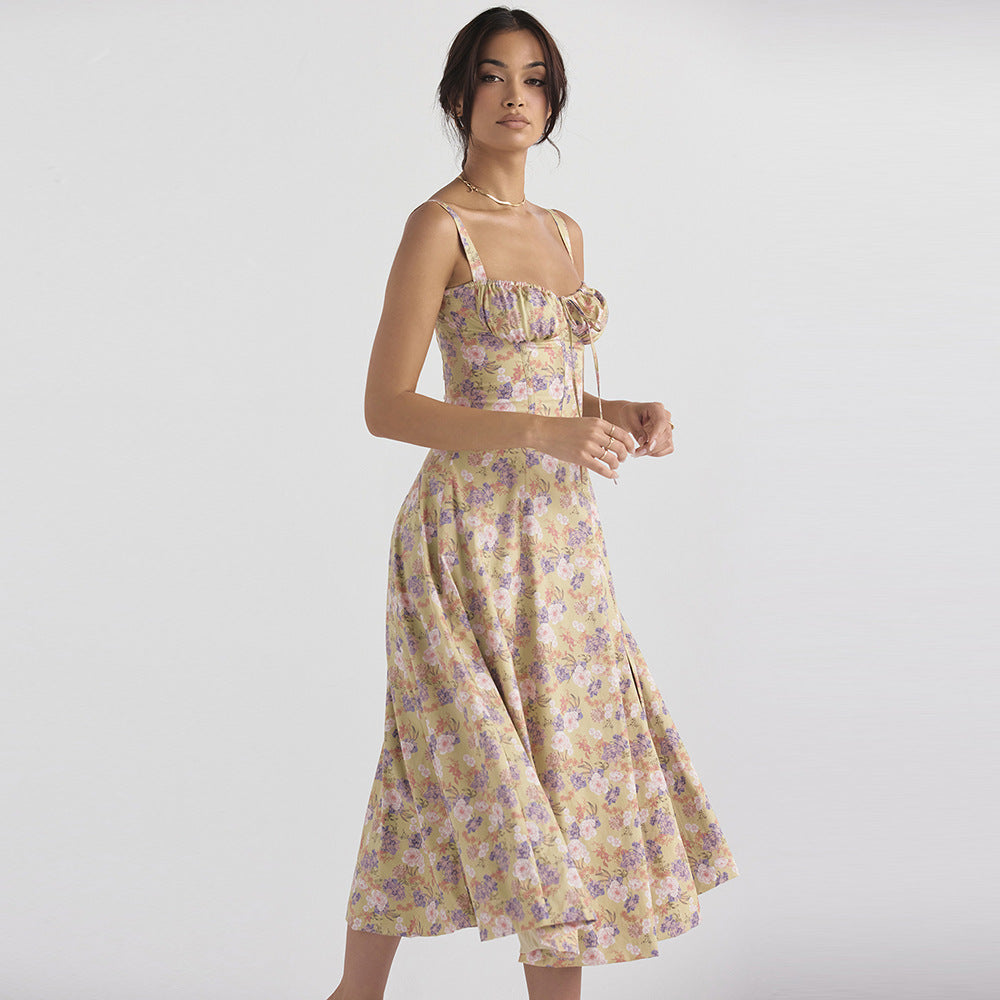 Ropa de mujer Vestido de tirantes florales con abertura de cintura alta Vestido de vacaciones de alta sociedad para mujer