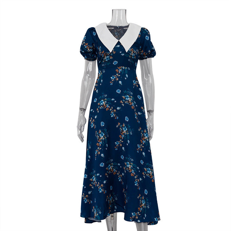 Robe à manches courtes à col Peter Pan pour femme, tenue de printemps et d'automne à fleurs bleues, amincissante, haut de gamme, exquise, première robe d'amour