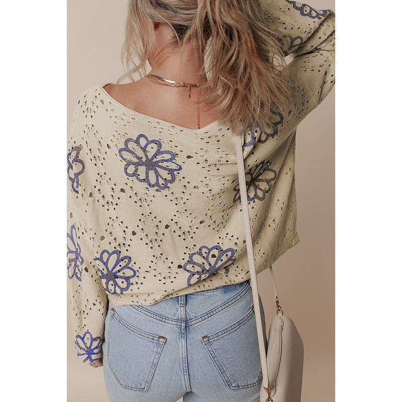 Winter Floral Print Short Sweater Women Cool Hollow Out Cutout Off Shoulder Sweater Women