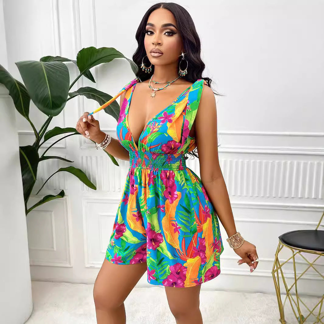 Summer Popular Sexy Printed Sling Fitted Waist Jumpsuit Casual