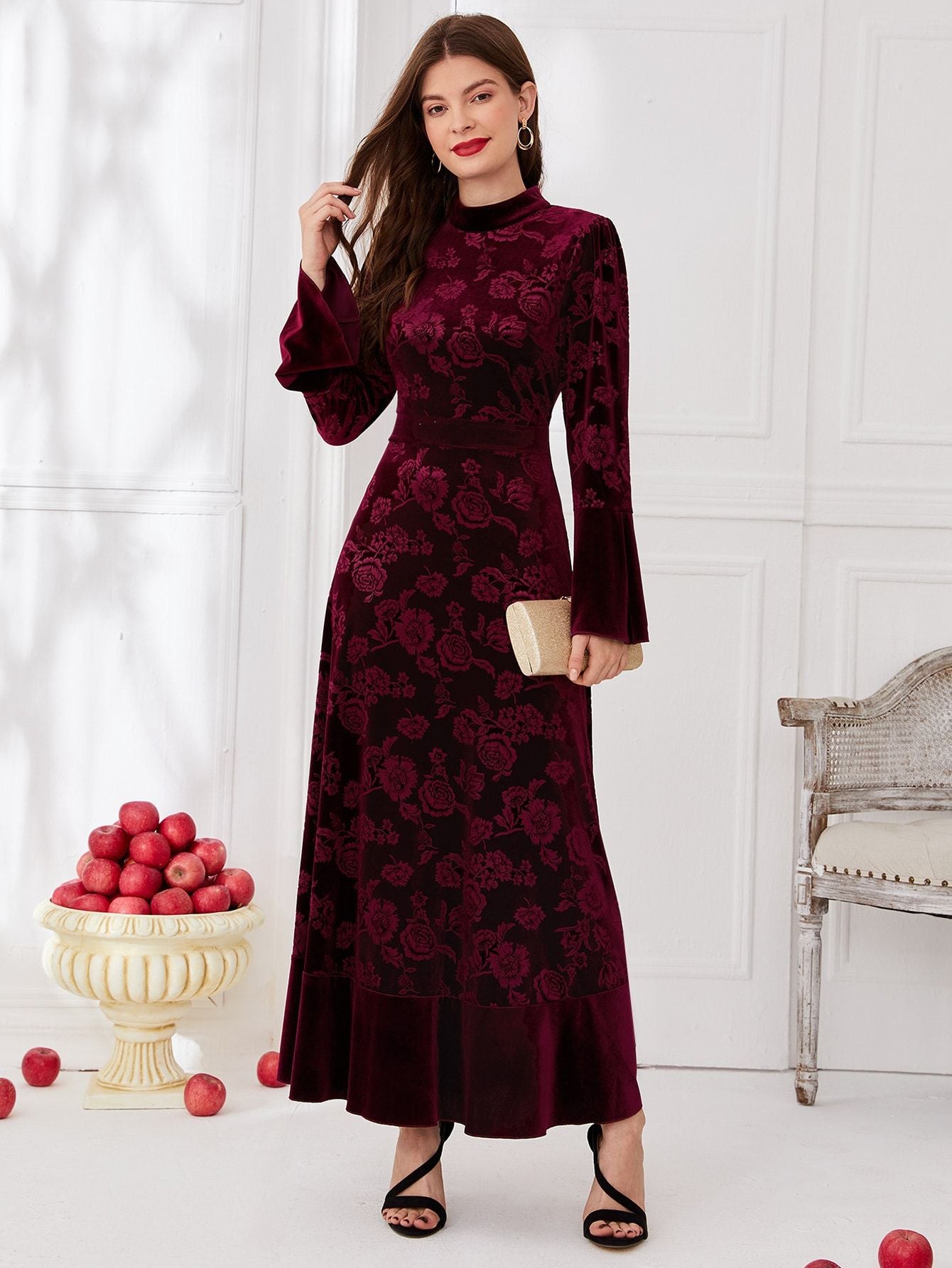 Vestido de manga larga con encaje y estampado esponjoso elegante y a la moda para mujer de otoño