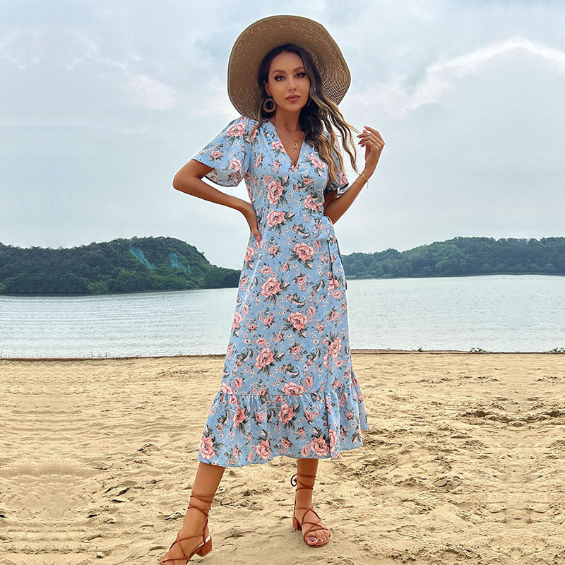 Vestido cruzado elegante con cordones para mujer para vacaciones en la playa de verano