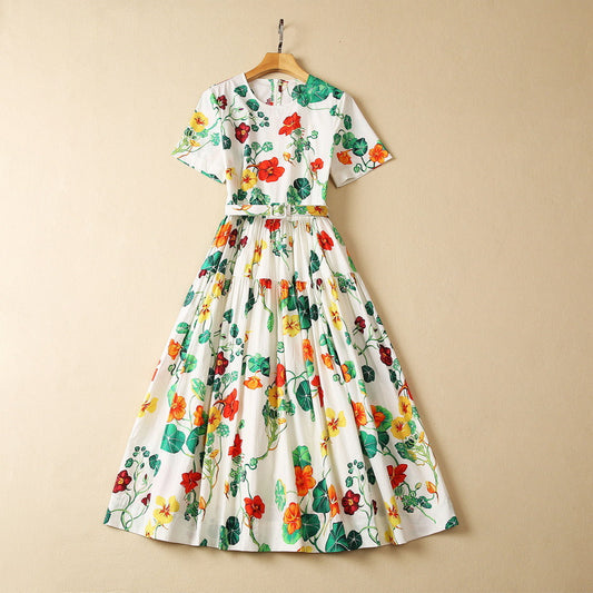 Cotton Short Sleeve Floral Print Dress