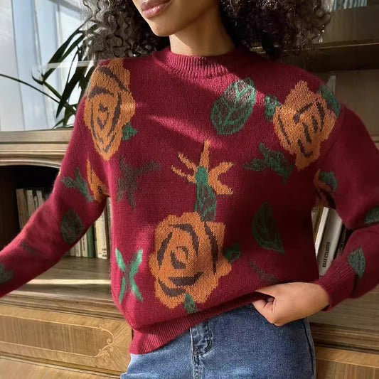 Pull col rond automne hiver à fleurs tissées en vrac doux tricoté haut vêtements pour femmes