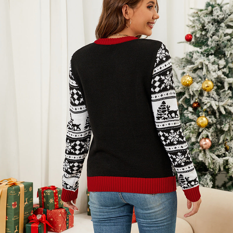 Suéter de punto de jacquard con alce navideño para mujer, suéter de otoño e invierno, suéter navideño