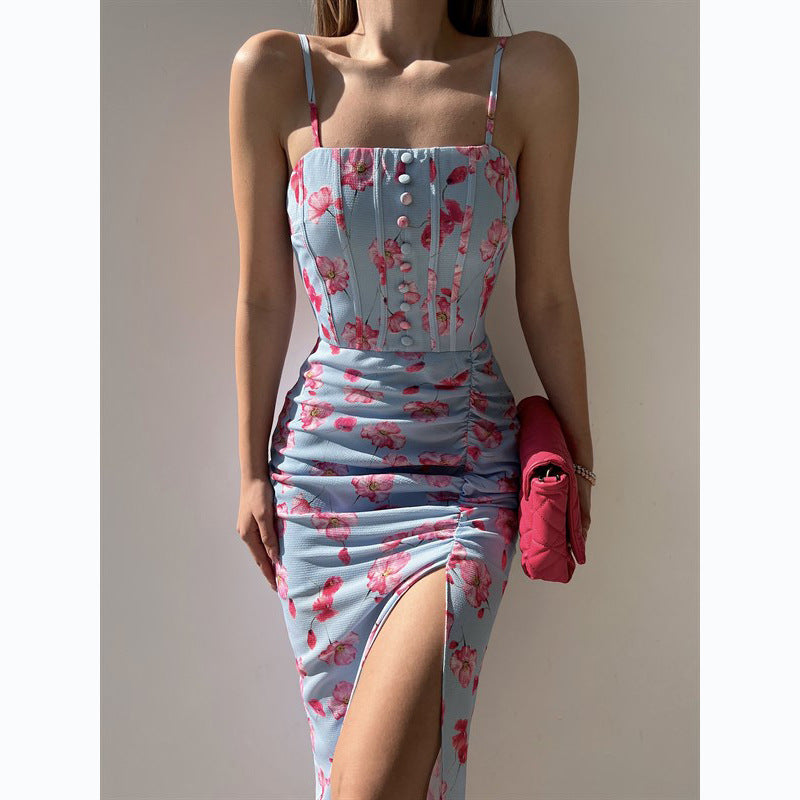 Internet Floral Digital Printing off-Neck Strap Dress