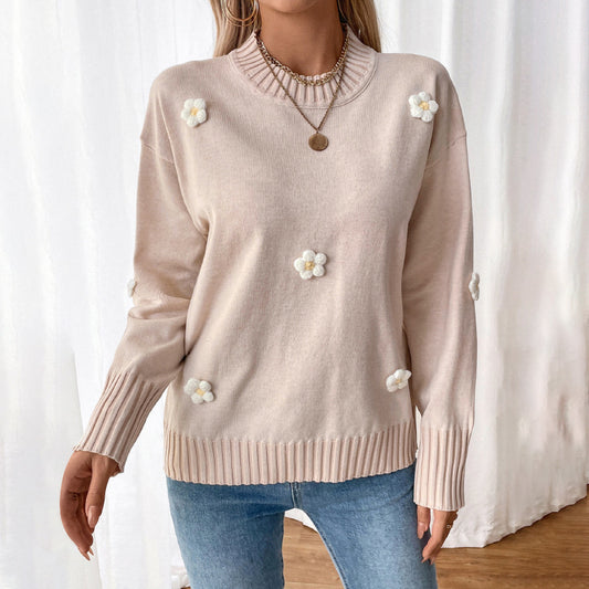 Autumn Floral Decoration Knitted Pullover Crew Neck Sweater