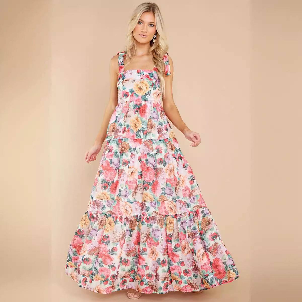 Ropa de verano para mujer Vestido elegante con tirantes florales y cuello descubierto