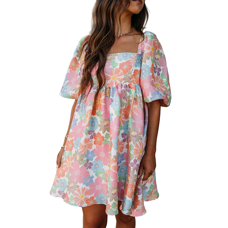 Vestido de verano con estampado floral, sin espalda, de manga corta, para mujer, dulce vestido hasta la rodilla para mujer