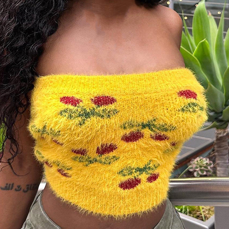 Knitted Plush Floral Tube Top Autumn Sexy Sexy Slim Fit Inner Wear Sweater Vest