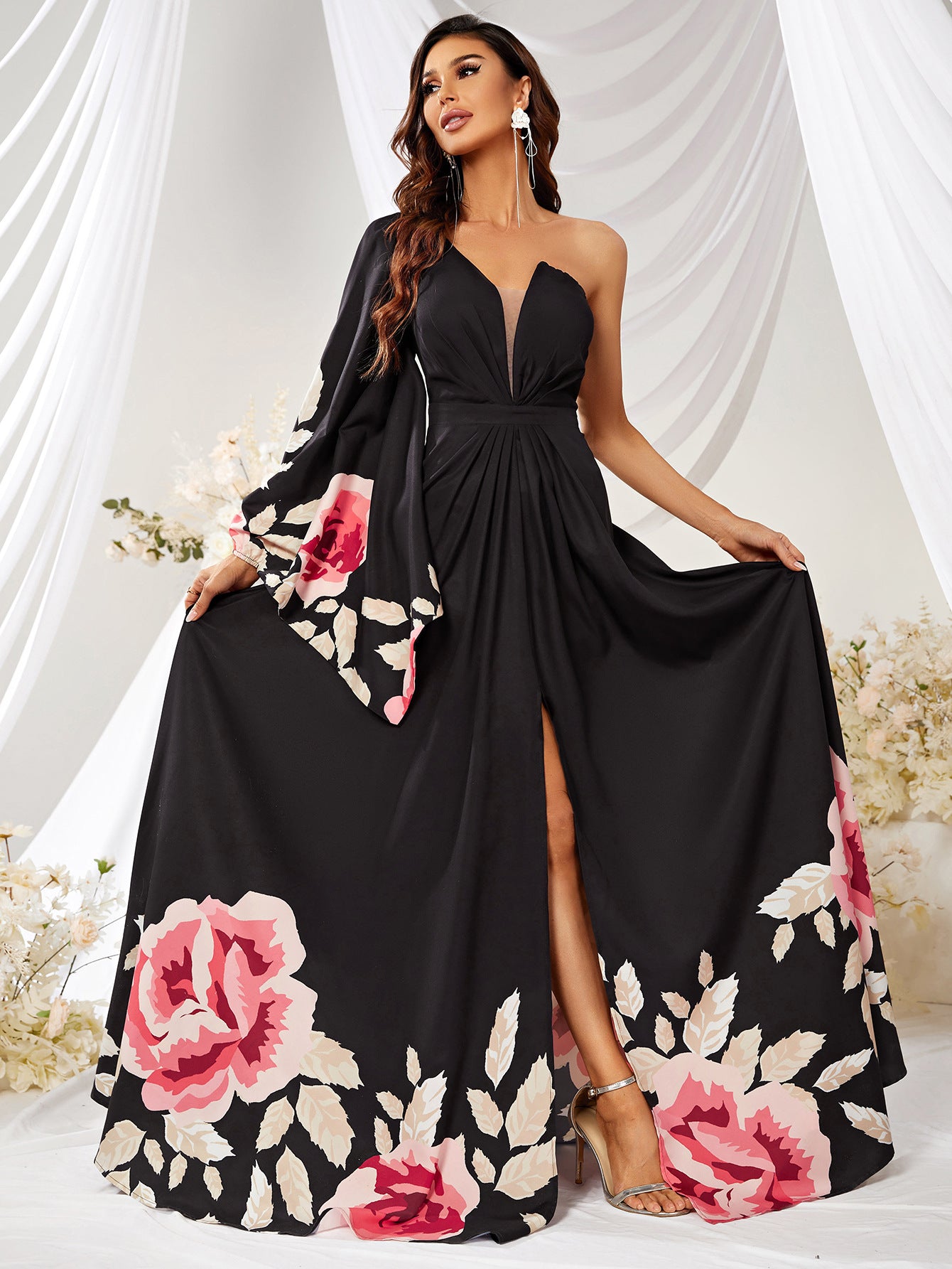 Chiffon Single Sleeve Maxi Dress Digital Printing Maxi Dress Split Large Swing Dress