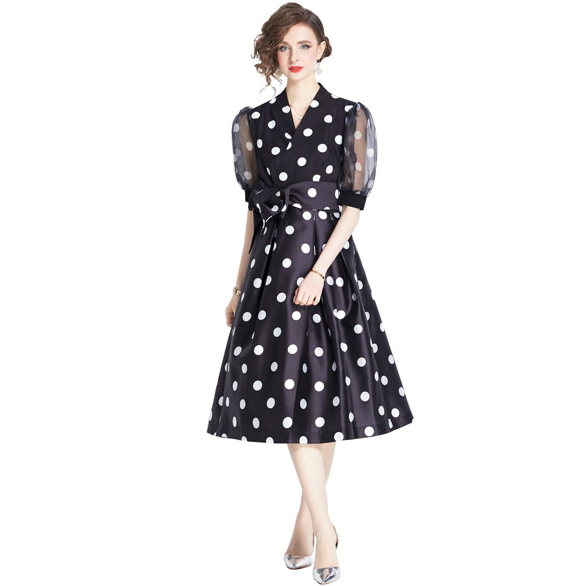 Robe française à pois, taille ajustée, jupe longue 1 sens