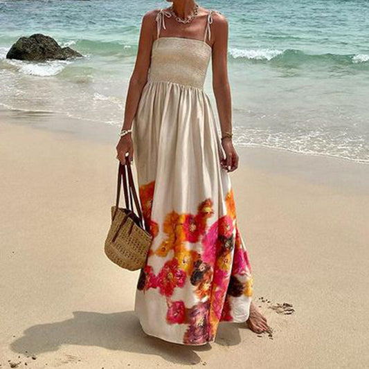 Summer Women Clothing Print Holiday Sling Beach Mid Length Dress