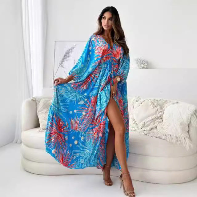 Robe sexy à manches trois-quarts et décolleté en V profond avec imprimé floral multicolore et fente