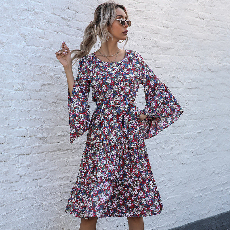 Early Autumn Floral Print Dress Middle East French Romantic Floral Women Clothing