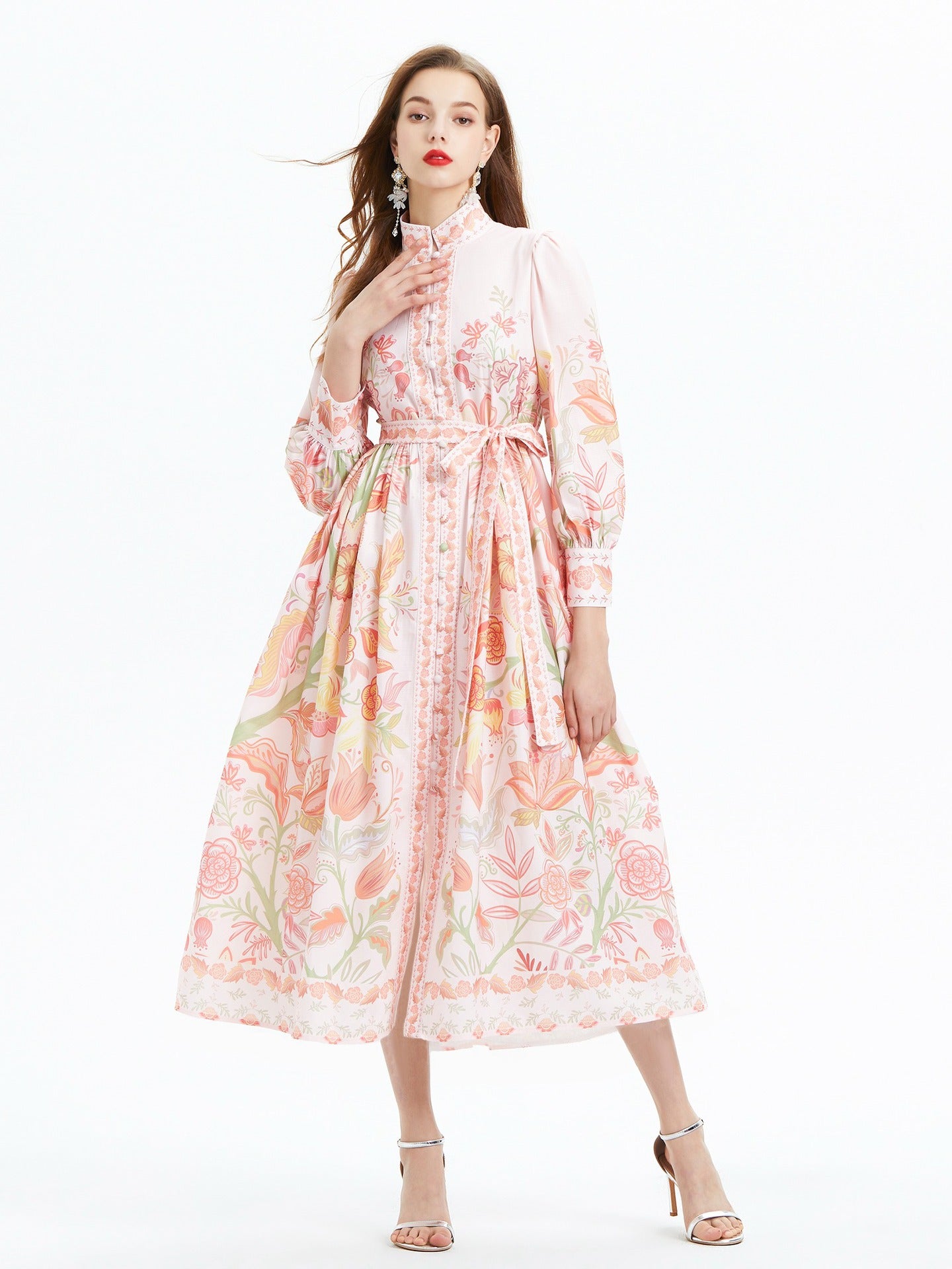 Lantern Sleeve Printed Long Sleeve Waist Trimming Ruffles Dress