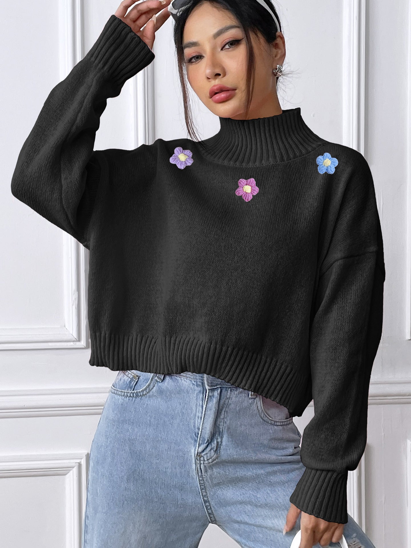 Suéter de cuello alto con collage floral tejido a mano para mujer, ropa informal holgada