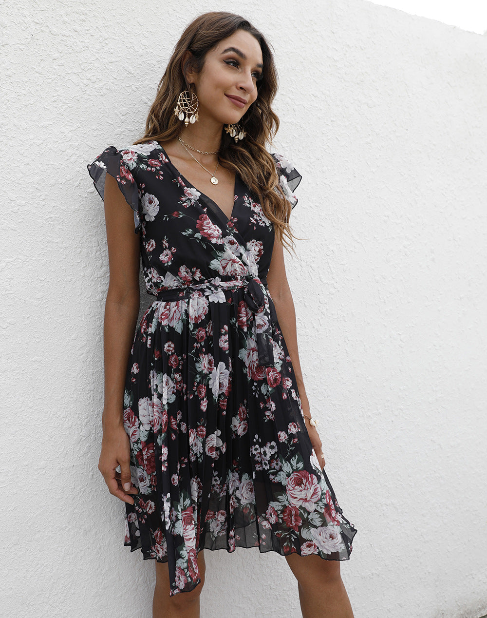 Vestido estampado con cordones y cintura controlada con cuello en V para mujer de verano