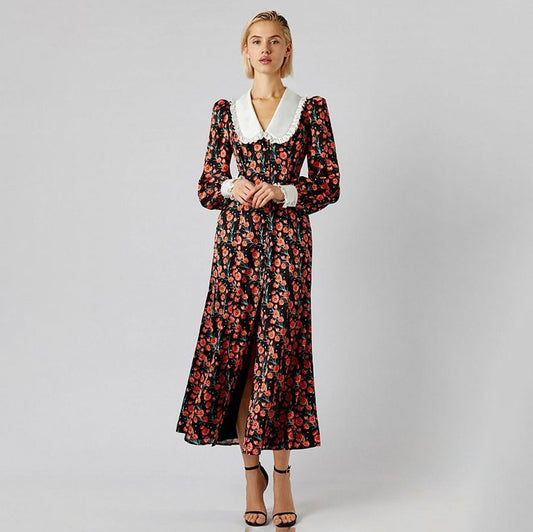 Early Spring Dignified Sense of Design Printed Maxi Dress Doll Collar Waist Slimming Long Sleeve Dress