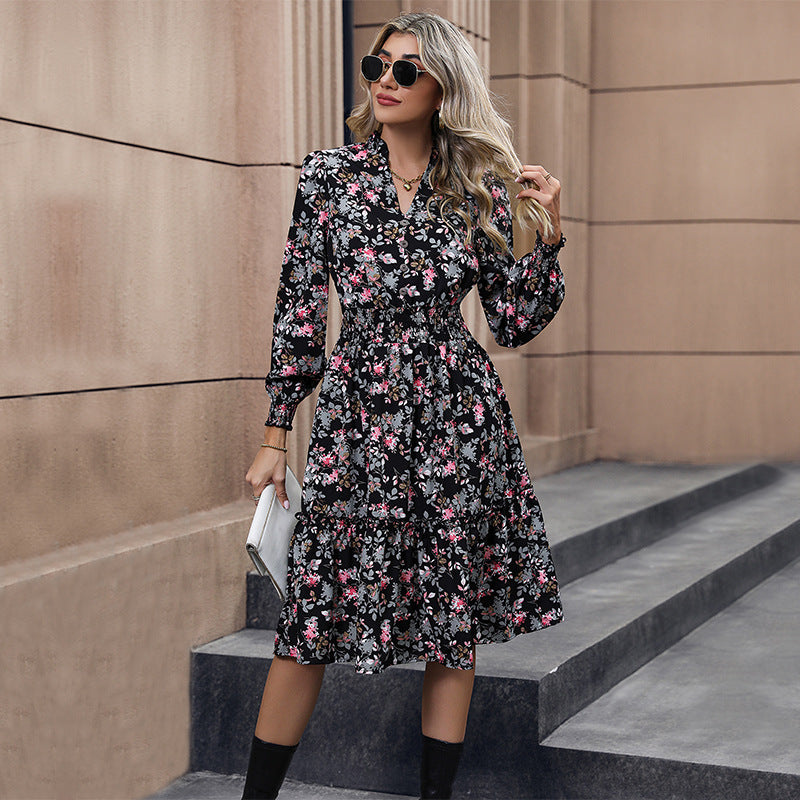 Vestido floral de manga larga para mujer de otoño