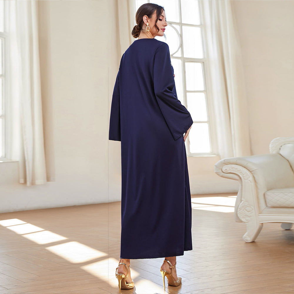 Autumn Blue Robe Dress Abaya V neck Embroidery Dress Robe